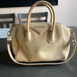 Givenchy Beige Croc-Embossed Leather Shoulder Bag with Gold Hardware